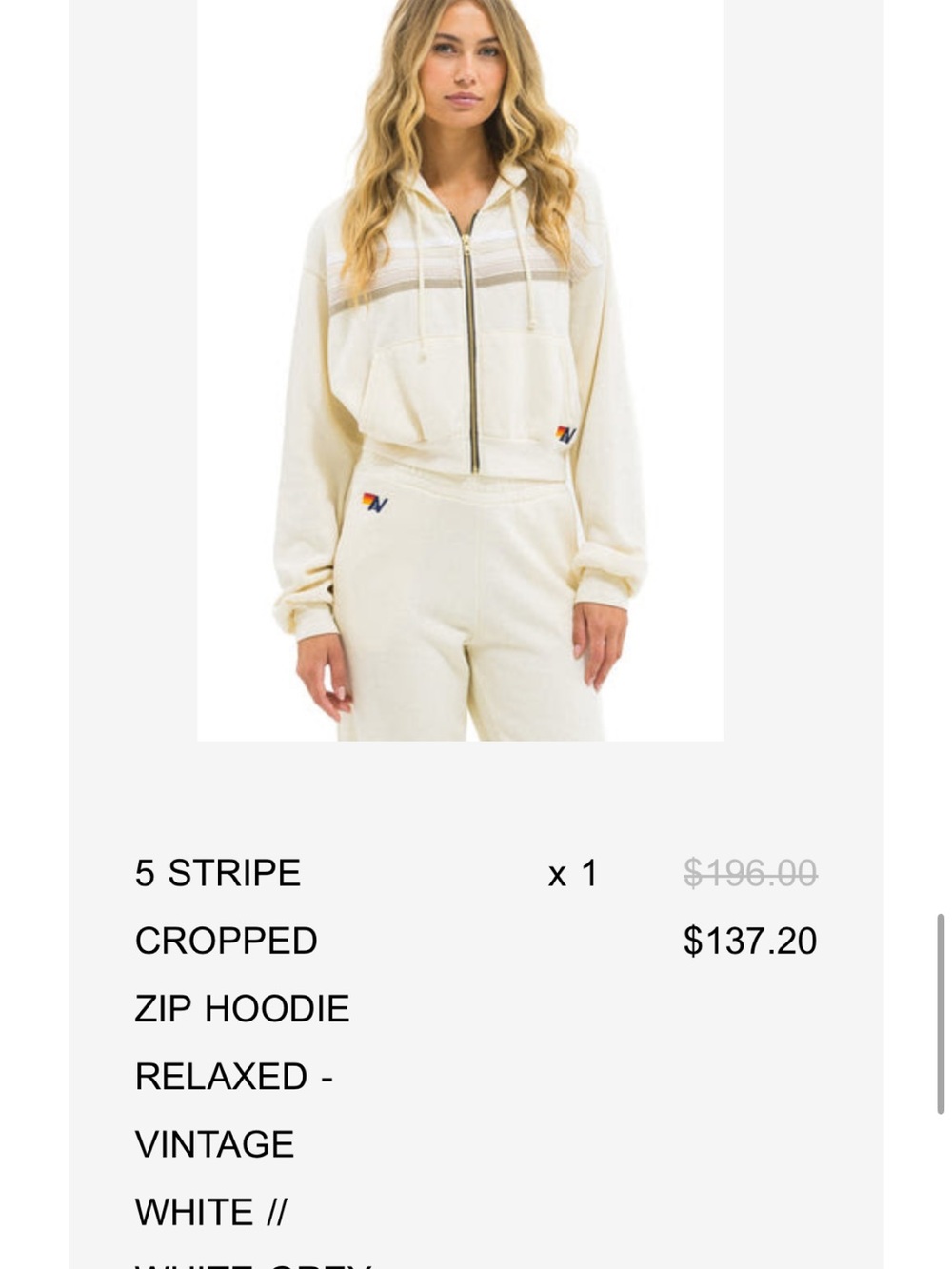 Aviator Nation Cream 5-Stripe Cropped Zip Hoodie